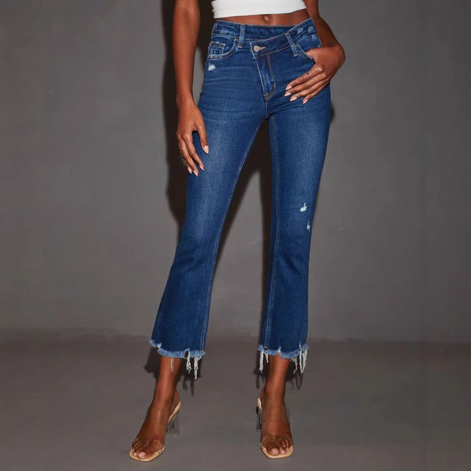 Kvindernes Flared Jeans med Flosset Kant og Fashionabel Ødelagt Effekt Stilla