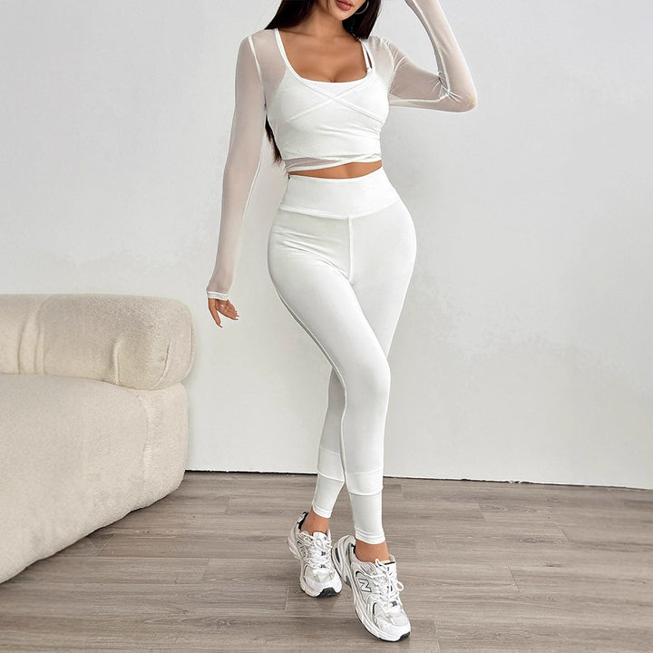 Dame Sporty sæt med kreativ bluse med lange ærmer og figurtilpassede leggings Skovae
