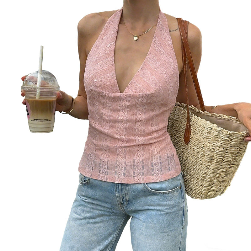 Kvinders cami-top med halterneck og delikate blonde detaljer Skovae