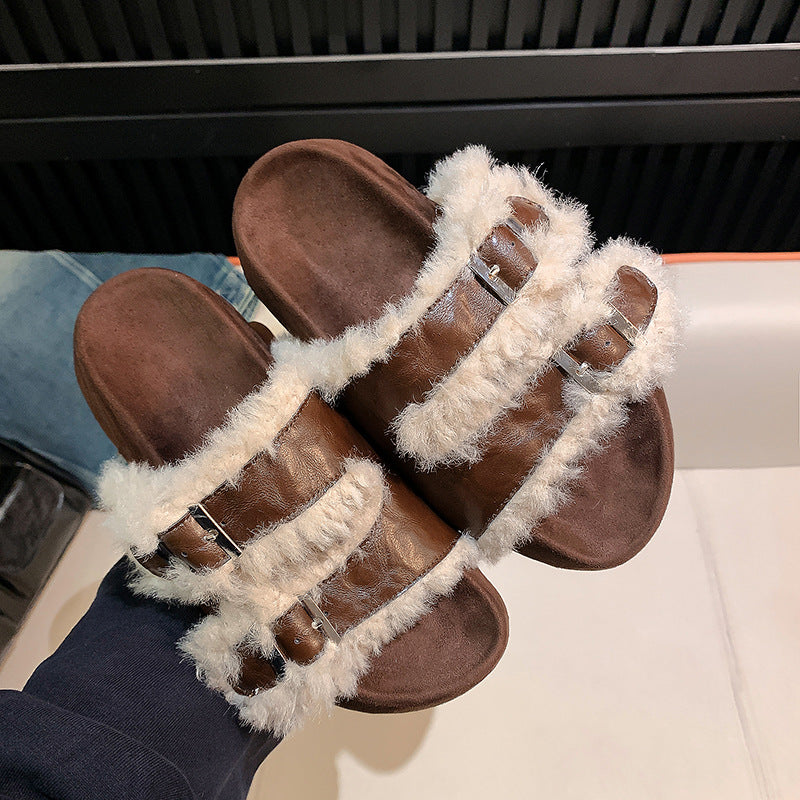 Dame fluffy badesandaler med dobbeltrem og komfortabel sål Stilla