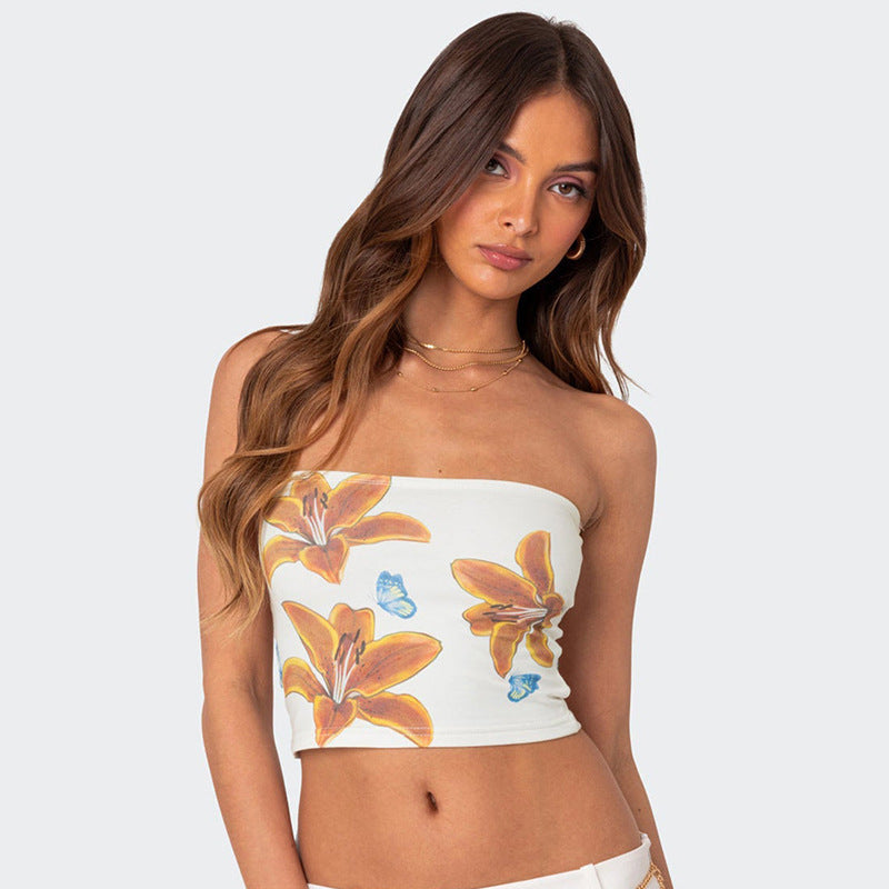 Dame Bandeau-top med blomsterdesign og elastisk bånd Skovae