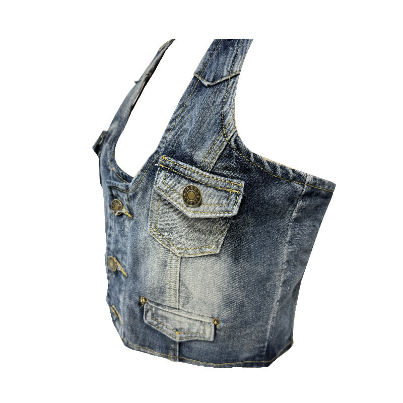 Dame Crop-Top i denim med dekorative knapdetaljer og dyb V-udskæring Skovae