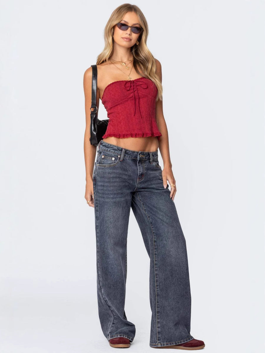 Dame bred Denim-bukser med frynset kant og høj talje Stilla