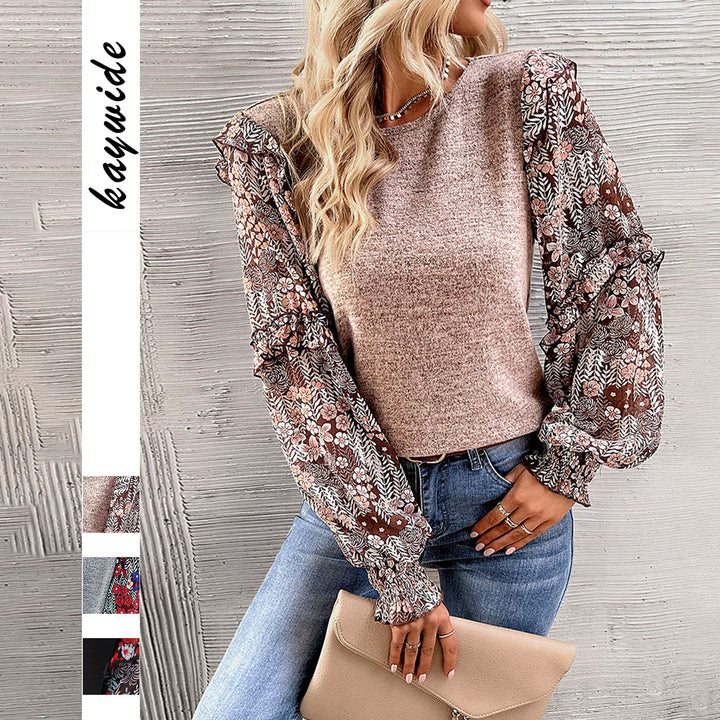 Damebluse med florale flæsedetaljer og elastiske ærmer Stilla