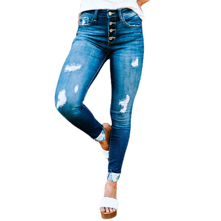 Dame High-Waist Skinny Jeans med moderne destroyed-detaljer og knaplukning Stilla