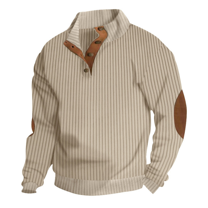 Herren nan struktureret rib-pullover med kort knapkrave og suede albue-patches Skovae