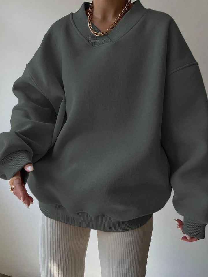 Kvinder Oversized Sweatshirt med V-hals og brede ærmekanter Skovae