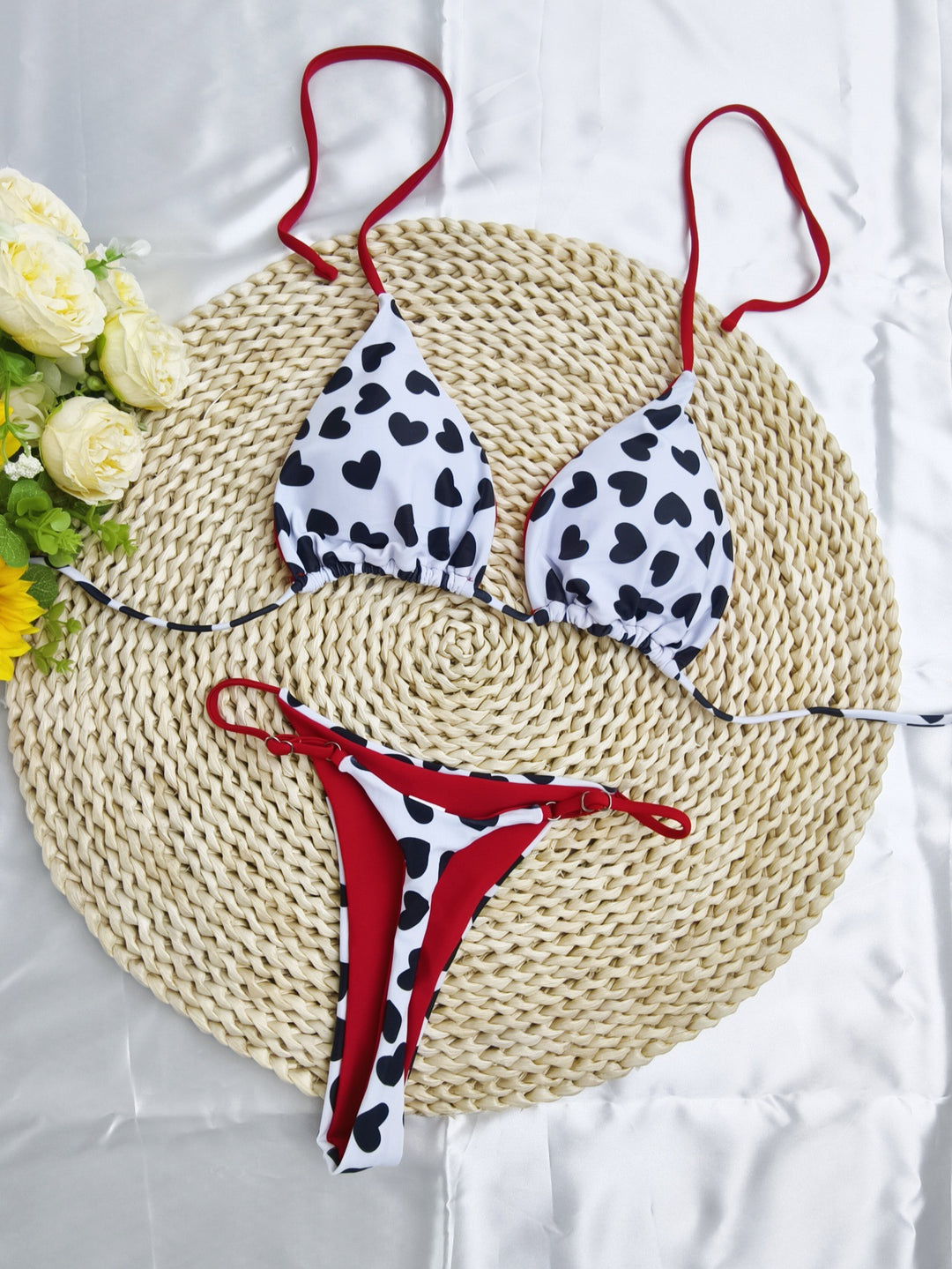 Dame triangulært bikini-sæt med muntert kirsebærmønster og justerbare stropper Skovae