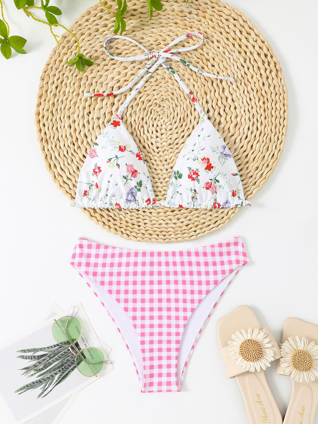 Dame Bikiniset med blomsterdesign og gingham-mønster Skovae
