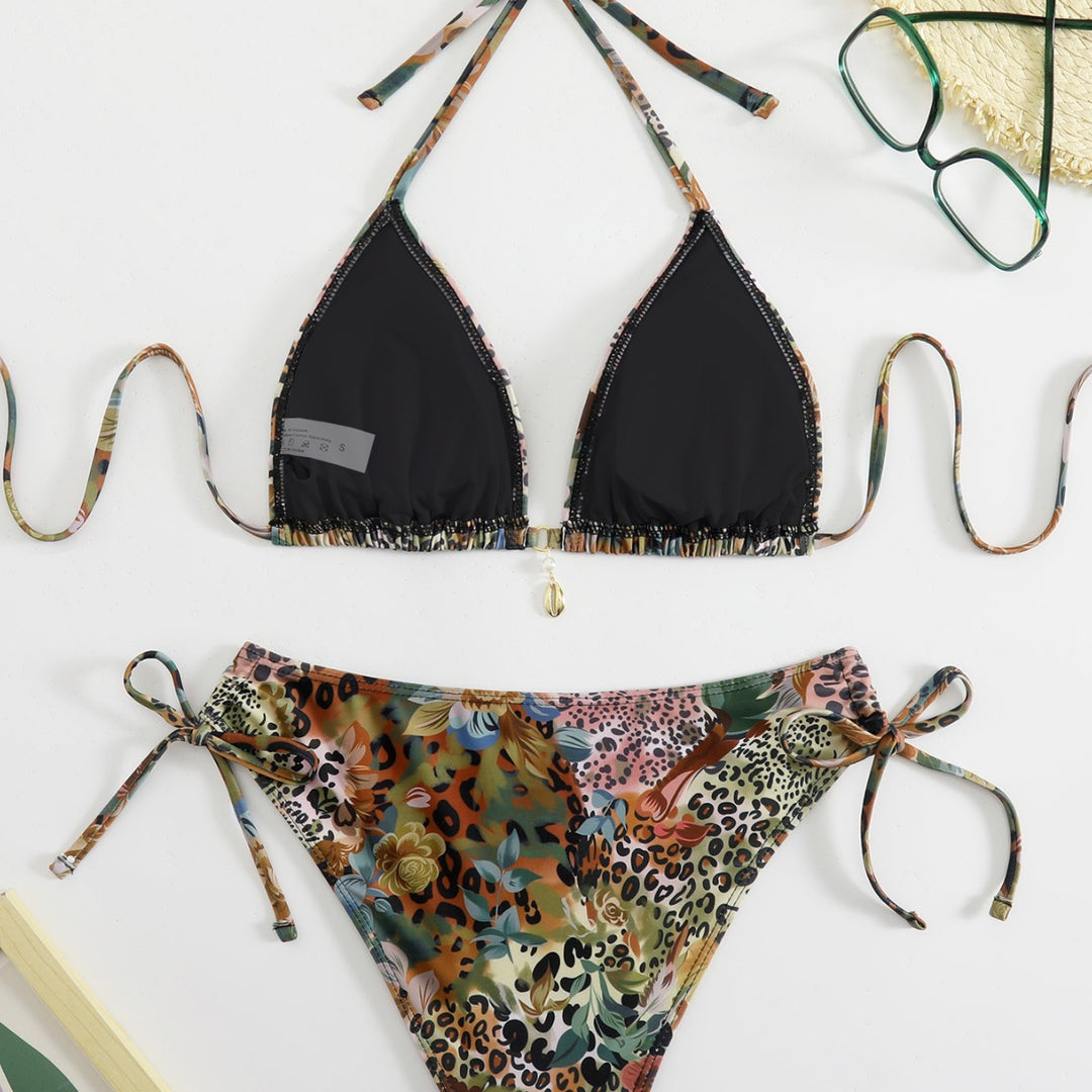 Dame triangel-bikini-sæt med blomsterligt leopardmønster Skovae