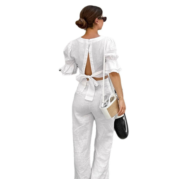 Dame elegant linned crop-top og bred palazzo-bukser sæt Stilla