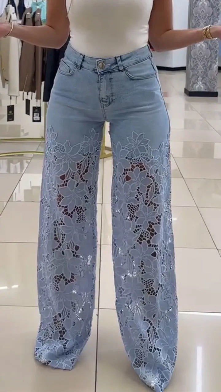 Dame jeans med florale spidsapplikationer Stilla