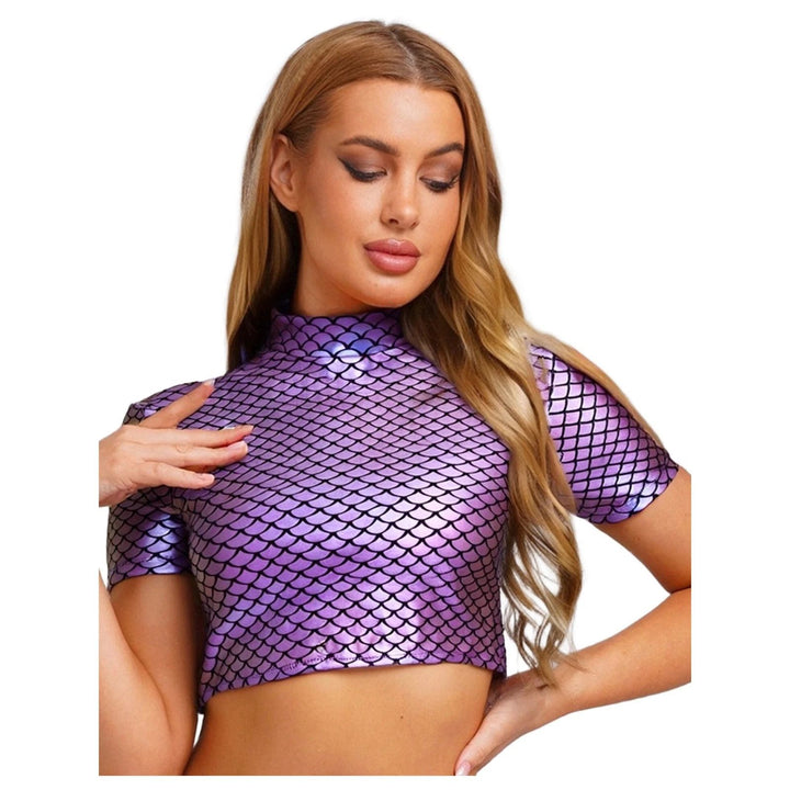 Dame Glitrende Cropped Shirt med glitrende fiskskæl-mønster Skovae