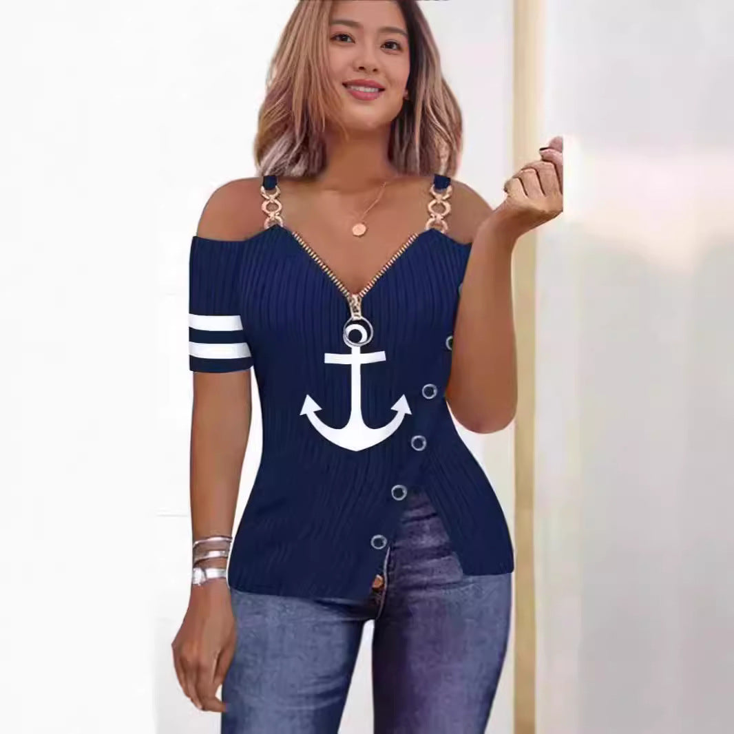 Dame Off-Shoulder Top med maritimt design og dekorative knapper Stilla