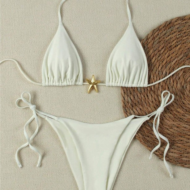 Dame Triangel-Bikini-Sæt med justerbare stropper og dekorativt smykkeelement Skovae