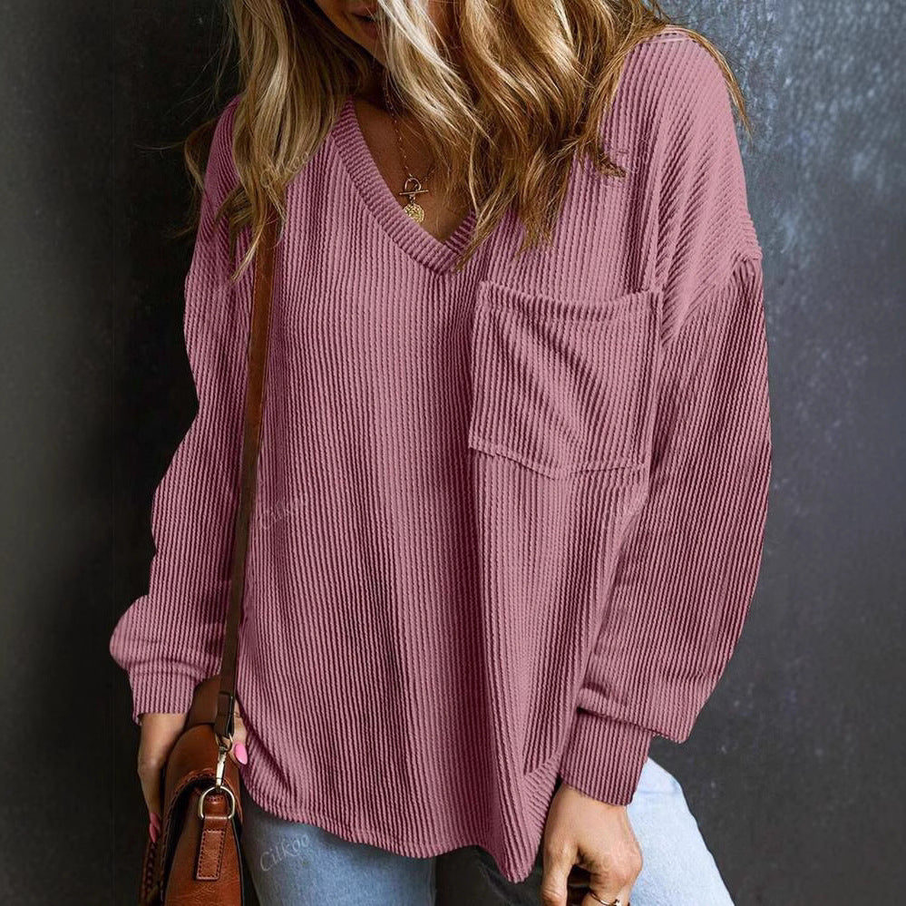Dame V-hals pullover med brystlomme Stilla