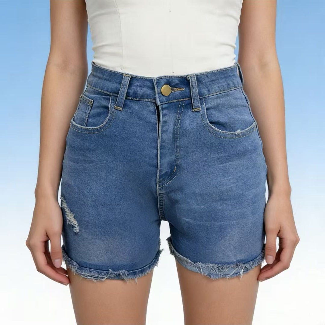 Dame afslappede højtaljede denim-shorts med frynser og fashionable destroyed-detaljer Skovae