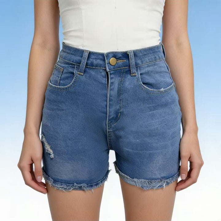 Dame afslappede højtaljede denim-shorts med frynser og fashionable destroyed-detaljer Skovae