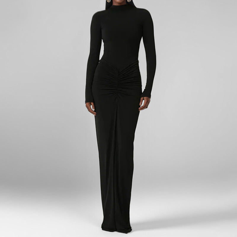 Dame maxikjole med elegant drapering og klassisk stålkrave Stilla