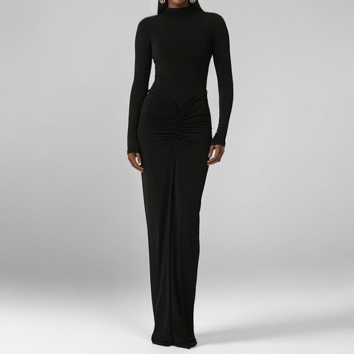 Dame maxikjole med elegant drapering og klassisk stålkrave Stilla