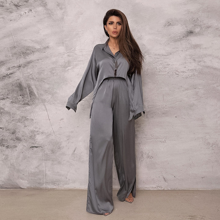 Dame Satin Jumpsuit-Sæt med afslappet elegance og bredt ben Stilla