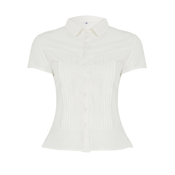 Dame kortærmet bluse med elegante folder og klart snit Skovae