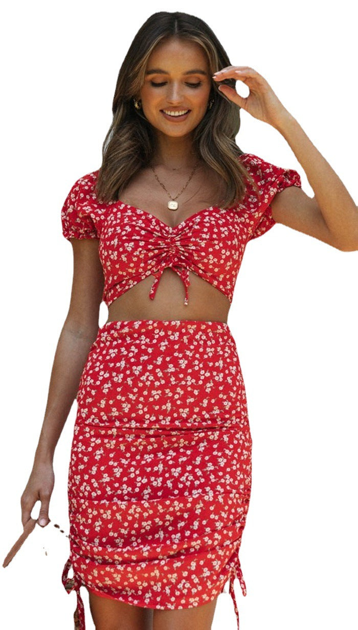 Dame blomstermønster crop-top og nederdel sæt med rynkning Stilla