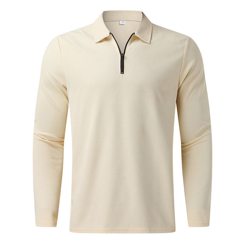 Herre langærmet poloshirt med kentkrave, kort frontlynlås og fin vaffelstruktur Skovae