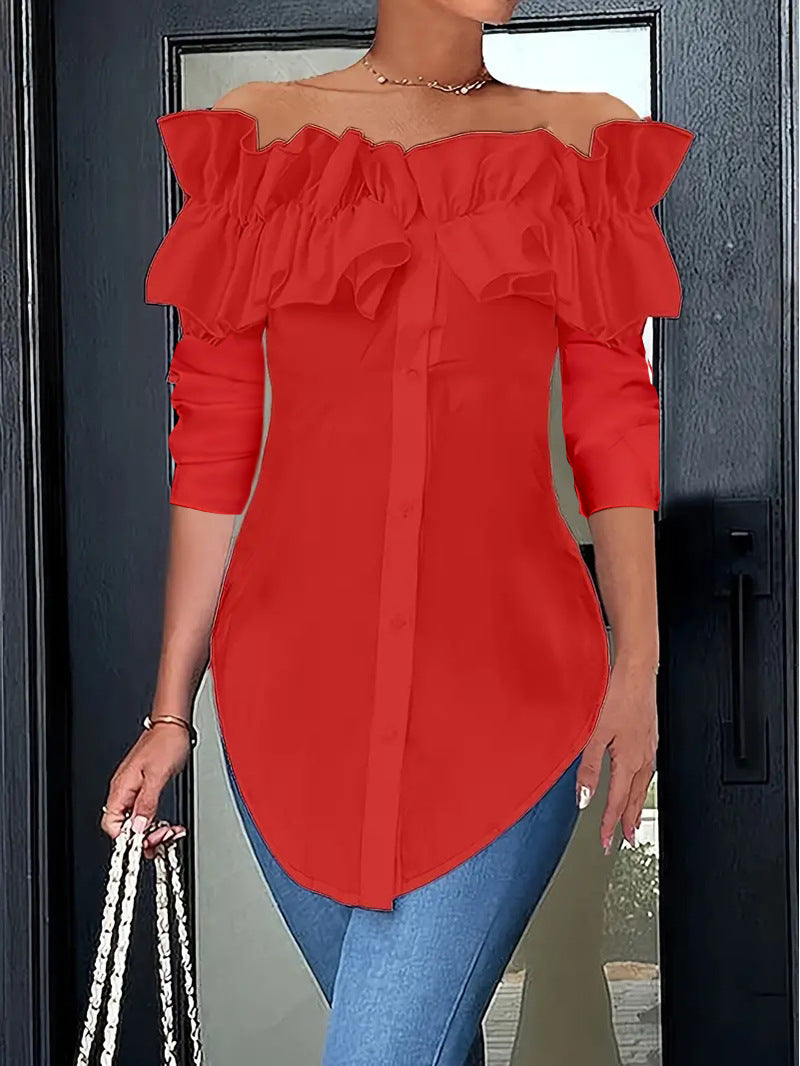 Dame Off-Shoulder Bluse med ruffles og knapdetaljer Stilla