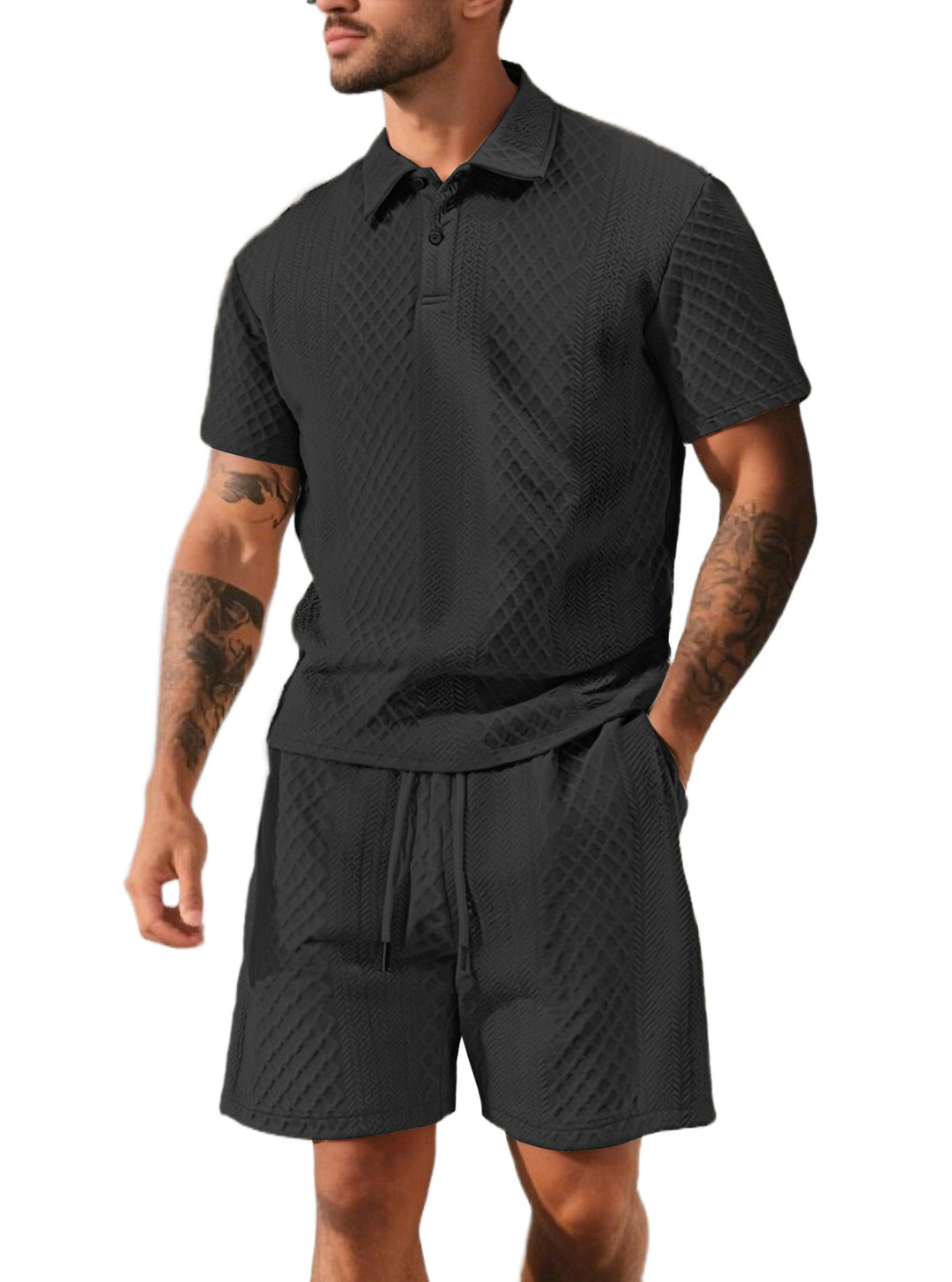 Herrer nan struktureret polo-shirt- og bermuda-shorts-sæt fra quiltet bomuldsblanding Skovae