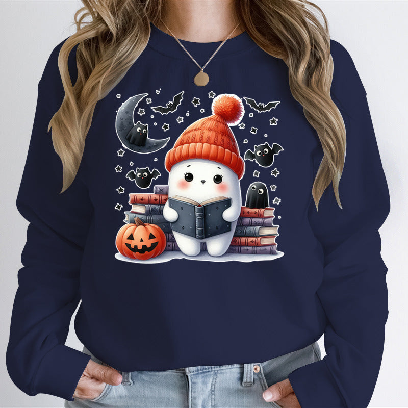 Kvinders sweatshirt med sødt Halloween-motiv og bogdesign Stilla
