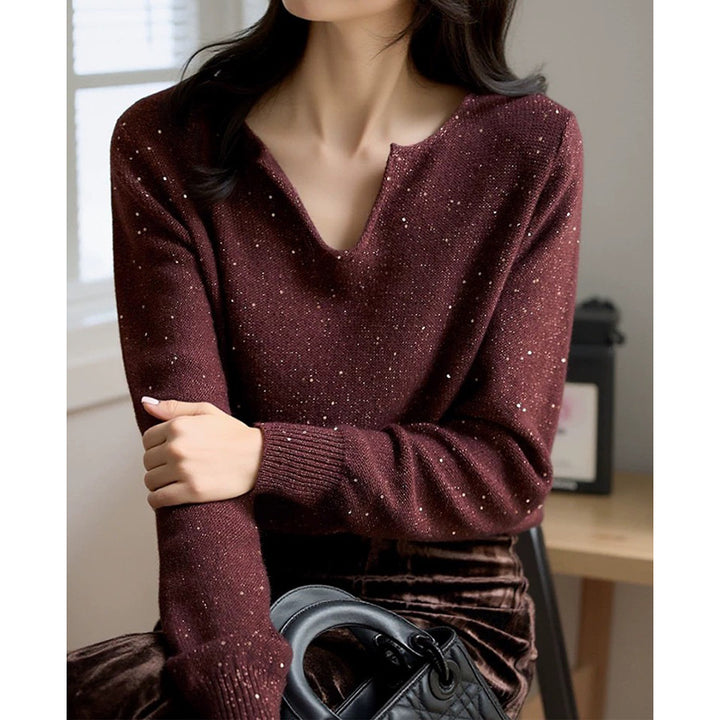 Dame elegant strikpullover med V-hals og funklende accenter Stilla