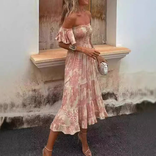 Women's Off-Shoulder Maxi Dress with Ruffle Details and Elastic Waistband Skovae