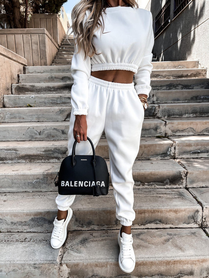 Kvindemode Cropped Sweatset med Elastisk Talje og Løs Pasform Skovae