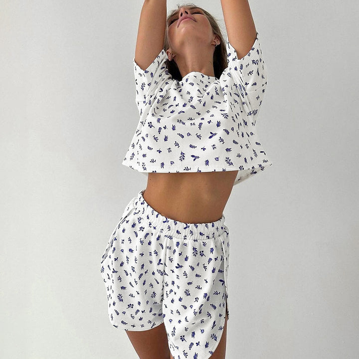 Dame Kortærmet-Cropped-Top og Shorts-Sæt med legende Hjerte-mønster Stilla