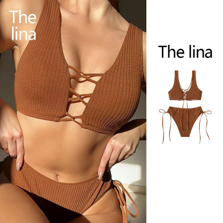 Dame Bikiniset med raffineret bindedesign og højt skåret underdel Skovae