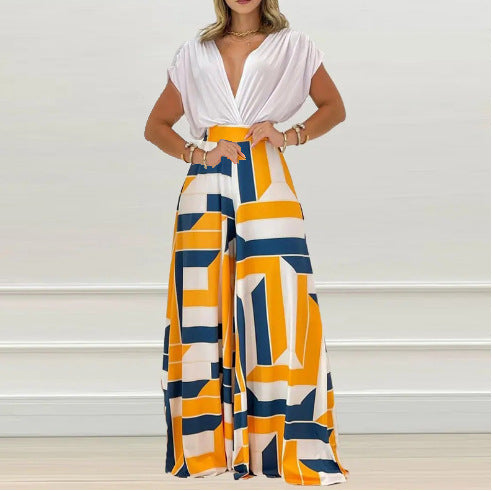 Damer Elegant Jumpsuit med Dyb V-Hals og Bred Skåret Ben Stilla