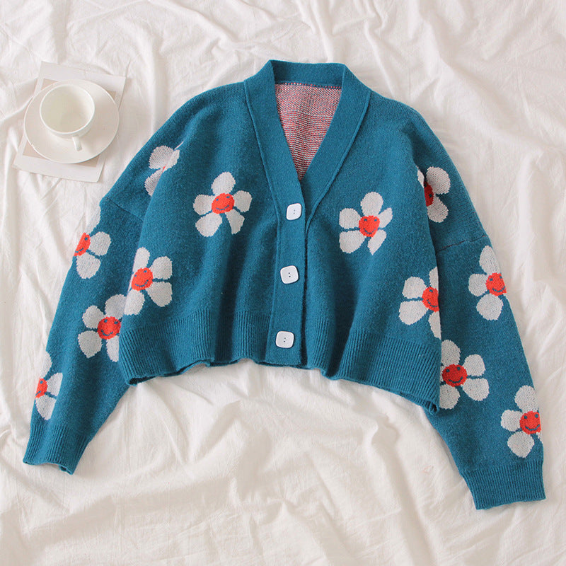 Kvinders chunky strik cardigan med blomstermønster og knapdetaljer Stilla