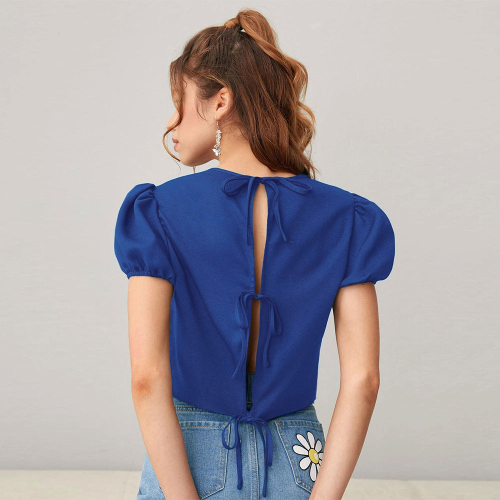 Kvinder Crop Top med Puf Ærmer og Blød Rund Hals Stilla