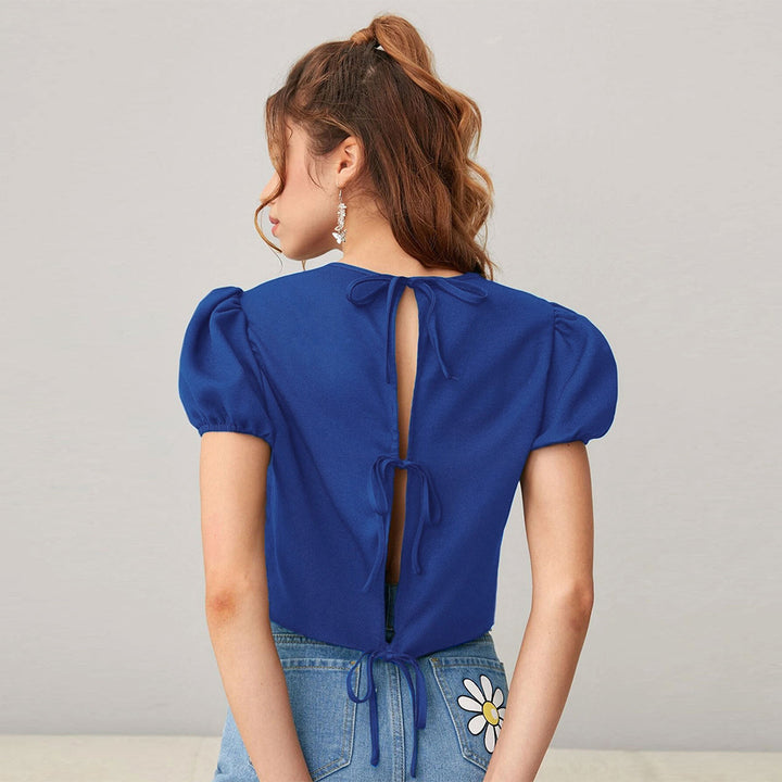 Kvinder Crop Top med Puf Ærmer og Blød Rund Hals Stilla