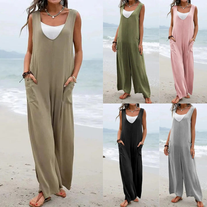 Dame Løsskårne Sommer-Jumpsuit med dyb udskæring og praktiske sidelommer Stilla