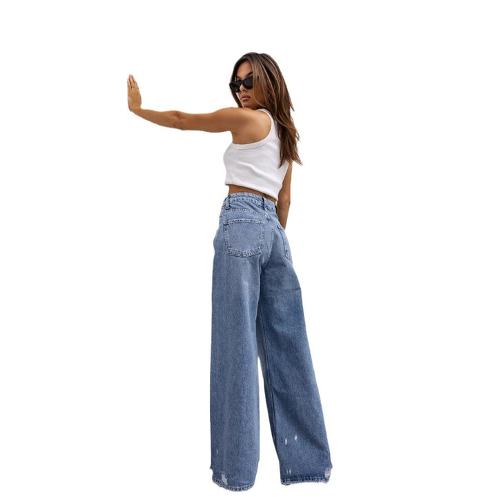 Dame bredde jeans i vintage-stil med høje lommer og trendy brugte effekter Stilla