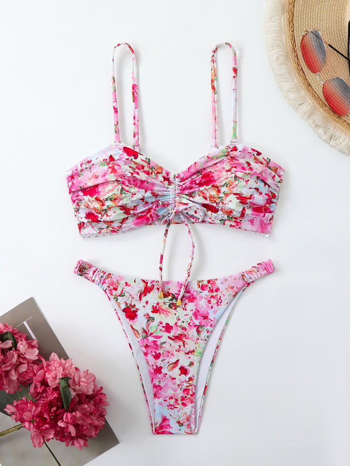 Dame-Bikini-sæt med rynkning og romantisk blomsterdesign Skovae