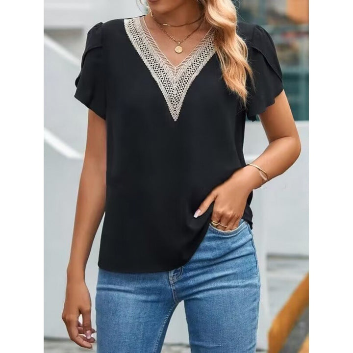 Dame elegant V-hals bluse med spidsudsmykninger Stilla