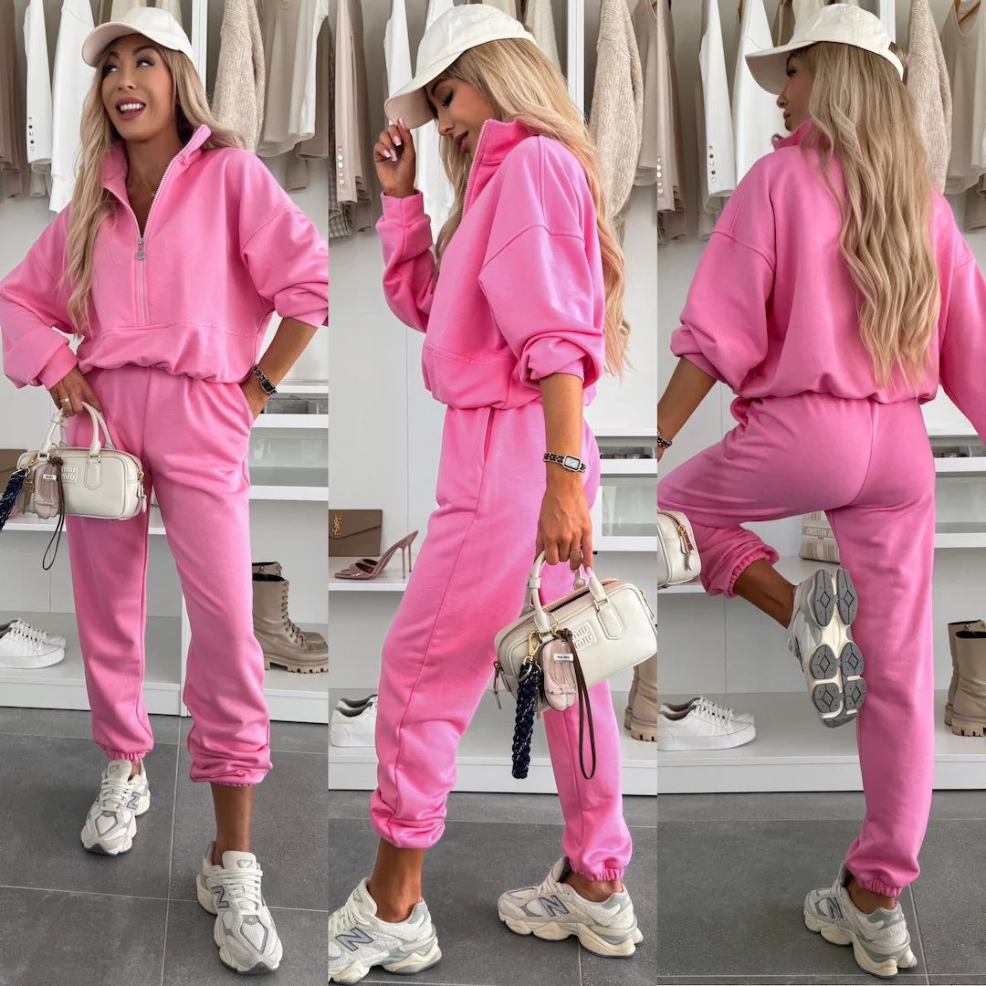 Kvinders trendy sweat suit med halvlange lynlås og elastisk talje Skovae