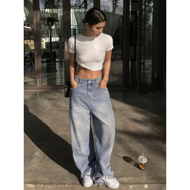 Dame brede High-Waist Jeans med dekorative lommer Skovae
