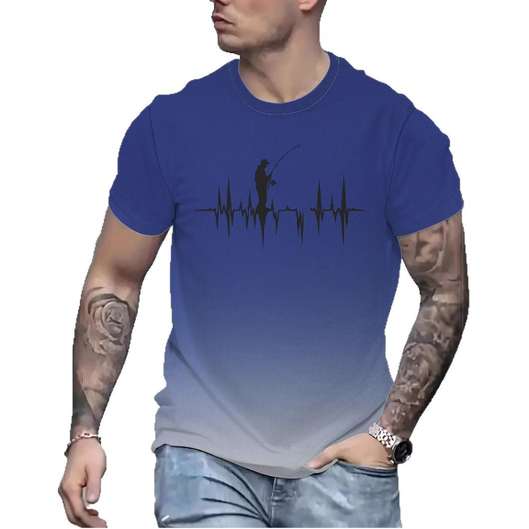 Herrer T-shirt med kreativ fiskerdesign og unikt hjertefrekvensmotiv Stilla