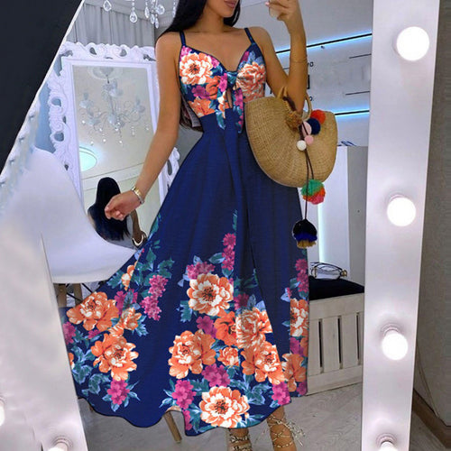 Femme Floral Print Maxi Kjole med justerbare stropper Stilla