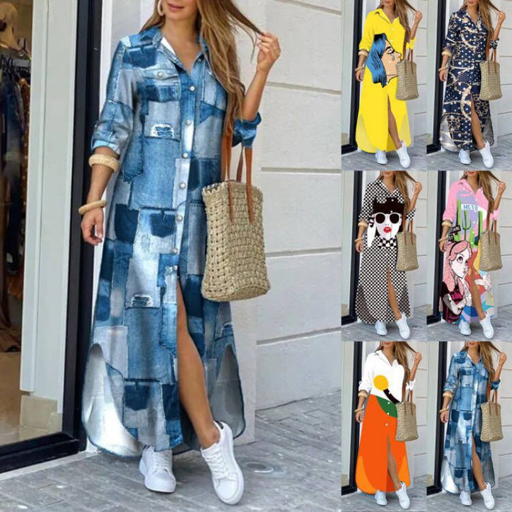 Femme bohemisk-inspireret knap maxi kjole med sideslids Stilla