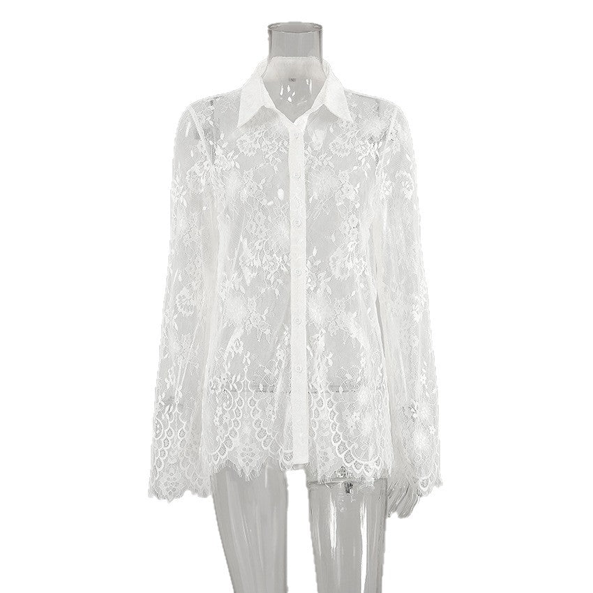 Dame spids bluse med gennemsigtigt design Stilla